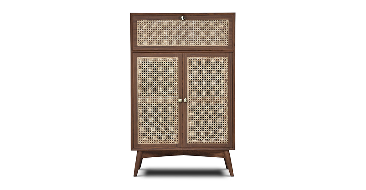 Buy wood and rattan furniture online - Buy Bar cabinet online crafted with quality materials - Lap & Dado furniture, contemporary mid-century modern design, Derry canework bar cabinet in teak veneer with solid teak wood legs for your living or dining room