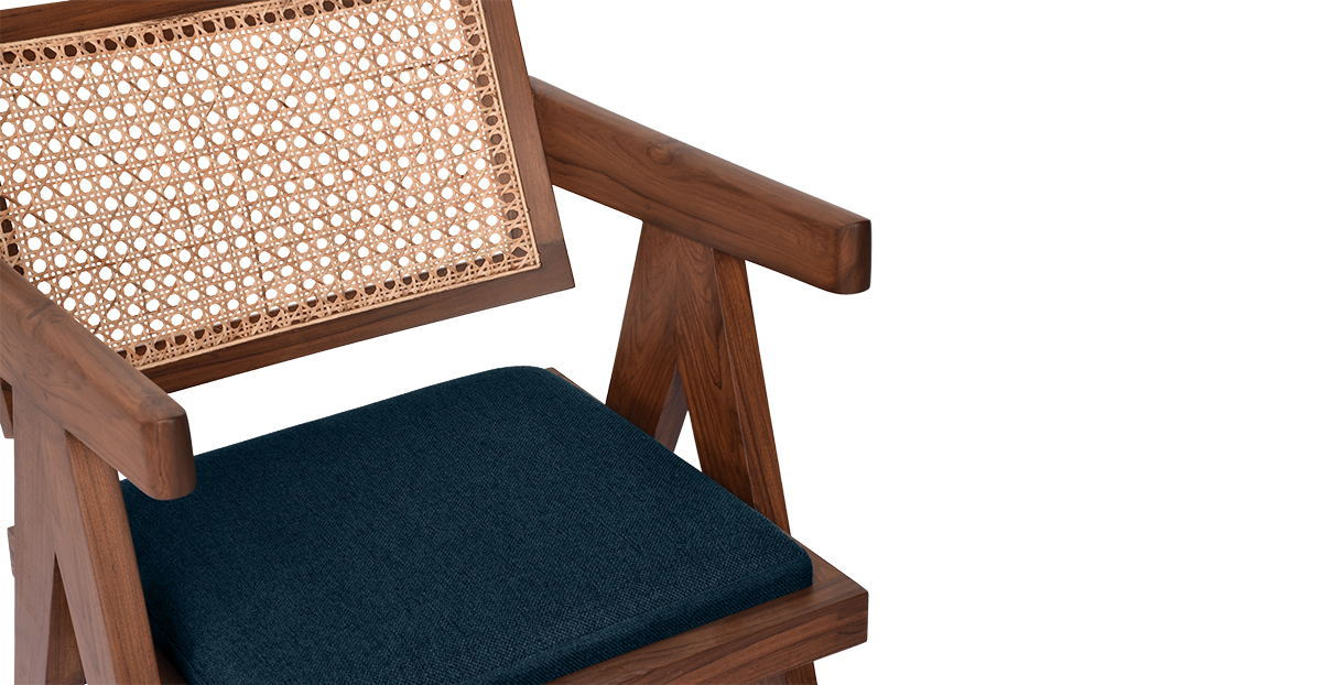Buy rattan and wood furniture online - Pierre Jeanneret Chandighar chair - solid teak wood furniture crafted with quality materials - Lap & Dado furniture mid-century modern design, Lyon teak wood and cane work lounge chair or dining chair with premium upholstery